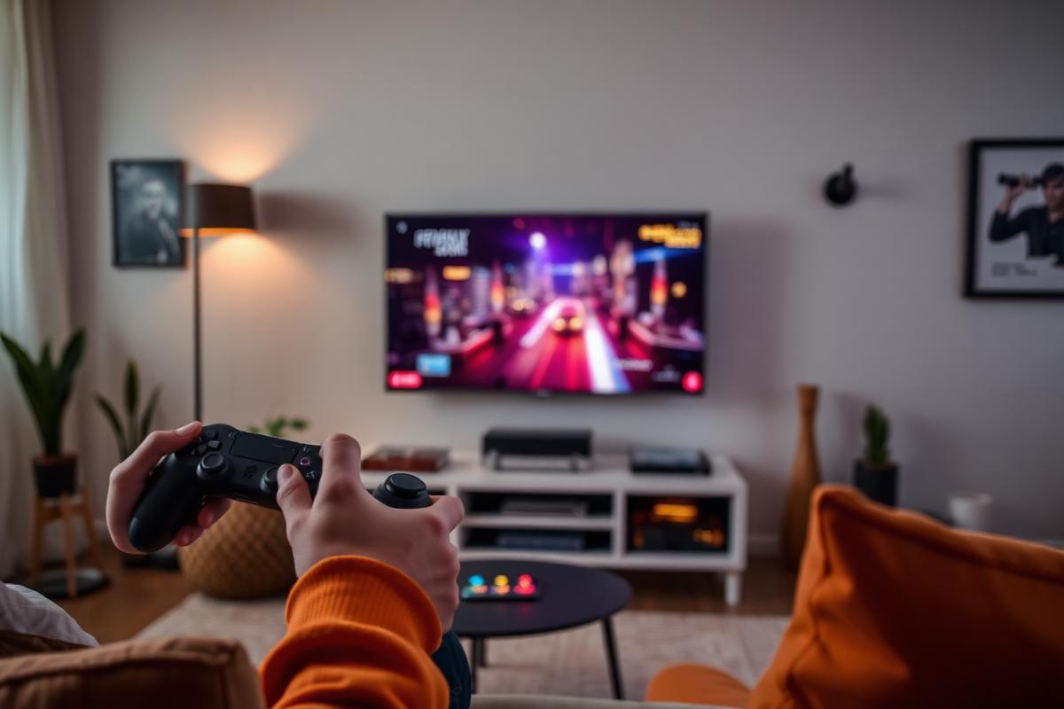 Person playing a video game on a television in a modern living room