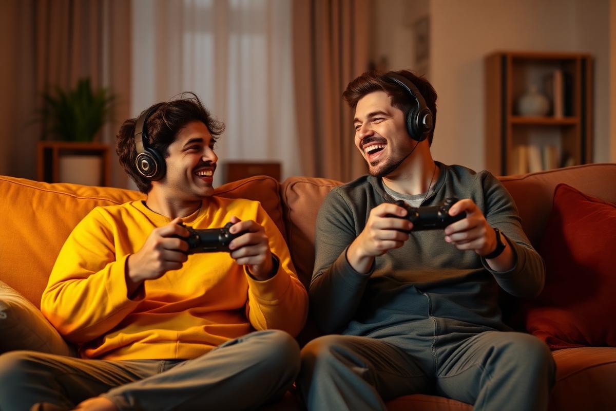 Two friends laughing while playing video games with controllers on a sofa